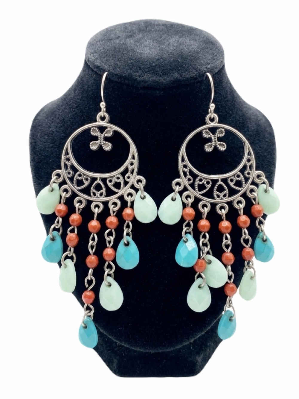 New Sterling Silver Blue Green Red Beaded Boho Handmade Floral Chandler Earrings